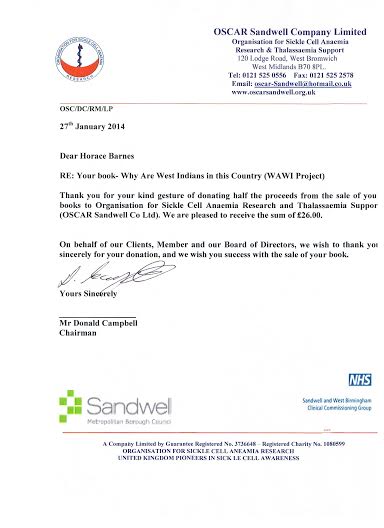 Letter of thanks from Oscar Sandwell Charity 