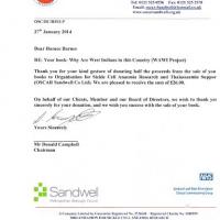 Letter of thanks from Oscar Sandwell Charity 